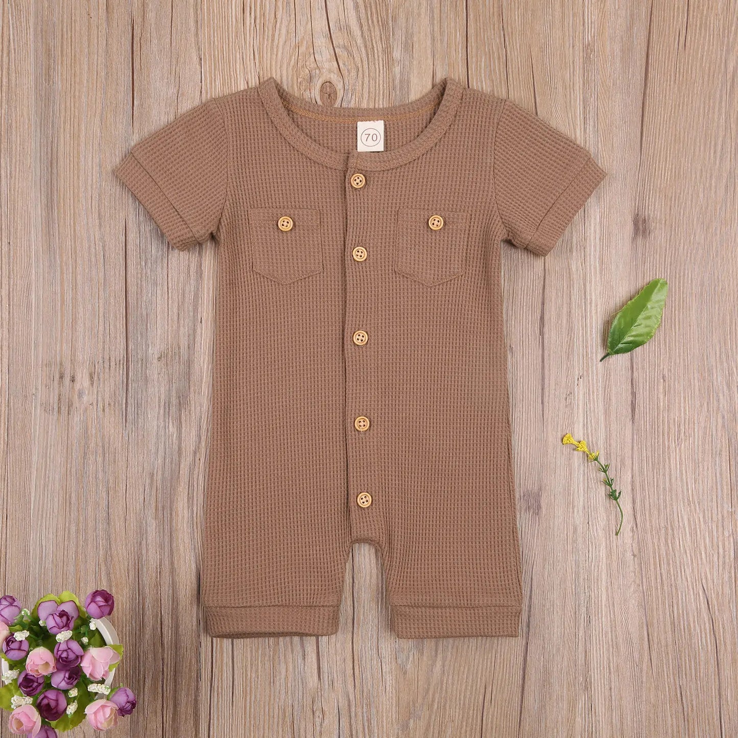 Solid Color Short Sleeve Round Neck Button Baby Playsuit